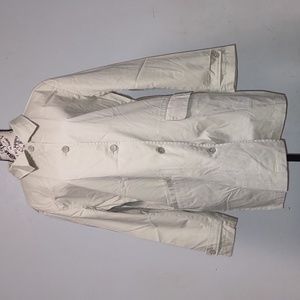 Lands End Trench Coat Size L Khaki Collared Button down Long Sleeve 100% Cotton